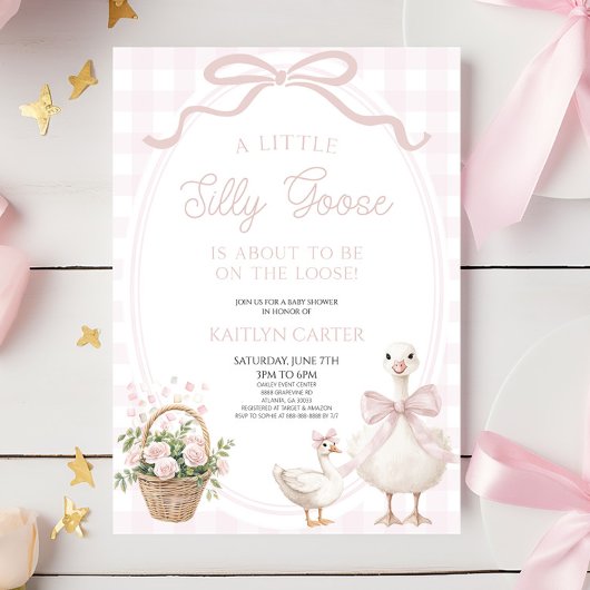 Invitation A Little Silly Goose Pink Bow Floral Baby Shower