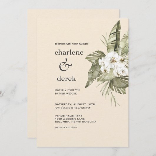 Invitation à l'orchidée blanche tropicale Boho (Devant / Derrière)