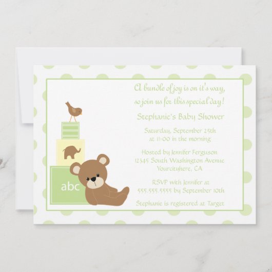 Invitation à l'ours en peluche et à l'baby shower (Devant)