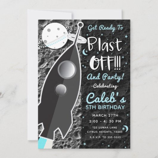 Invitation À LUNE Rocket Ship Space Anniversaire fête (Devant)