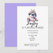 Invitation à l'Unicorne de l'enfant 3e anniversair (Devant / Derrière)