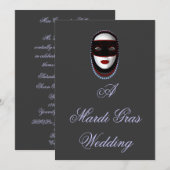 Invitation "A Mardi Gras Mariage" Masque perlé noir/rouge/ble (Devant / Derrière)