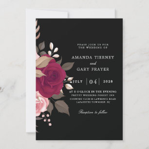 invitation à mariage burgundy florale et noire