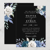 invitation à mariage noire blanche et bleue floral (Devant / Derrière)