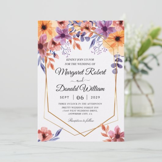 invitation à mariage orange violet fleuri (Debout devant)