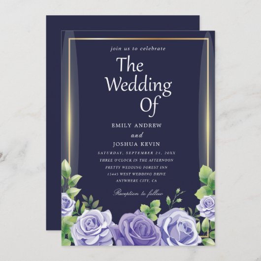 invitation à mariage verte marine et violette (Devant / Derrière)