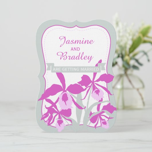 Invitation à mariage violet vert orchidée graphiqu (Debout devant)