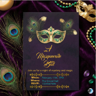 Invitation A Masquerade Ball Peacock Gold Emerald