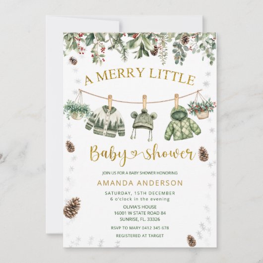 Invitation A Merry Little Christmas clothlines Baby Shower (Devant)