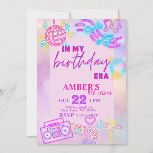 Invitation A mon anniversaire Era rose violet Neon Anniversai (Devant)