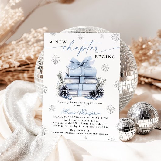 Invitation A New Chapter Begins Blue Bow Winter Baby Shower