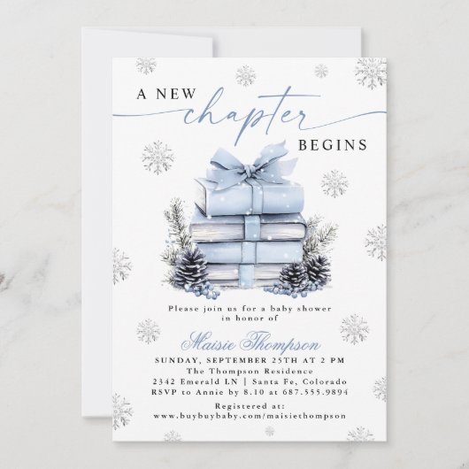 Invitation A New Chapter Begins Blue Bow Winter Baby Shower (Devant)