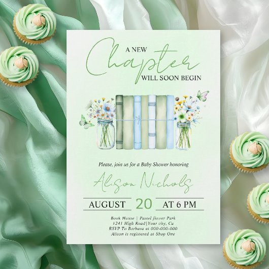 Invitation A New Chapter Begins bookneutral green baby shower