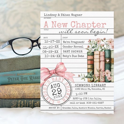 Invitation A New Chapter Library Card Books Pink Baby Shower