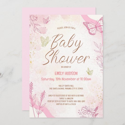 Invitation à papillon rose modifiable (Devant / Derrière)