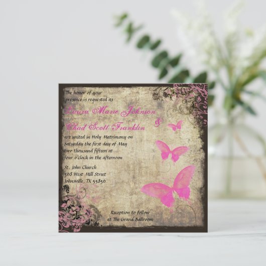 Invitation à papillon rose Vintage (Debout devant)