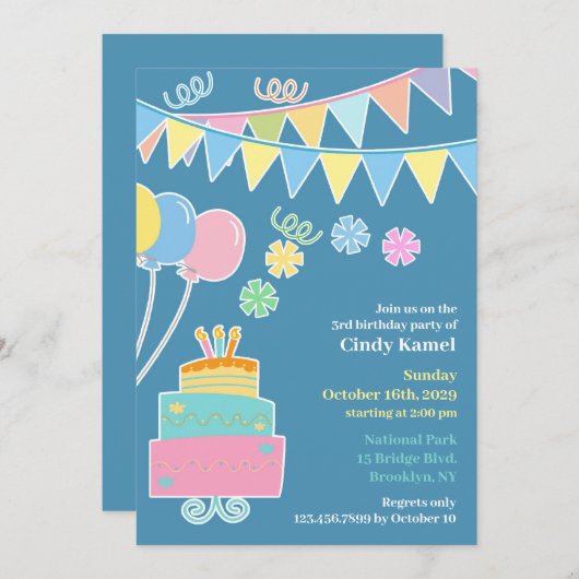 Invitation à plat de gâteau fête d'anniversaire (Devant / Derrière)