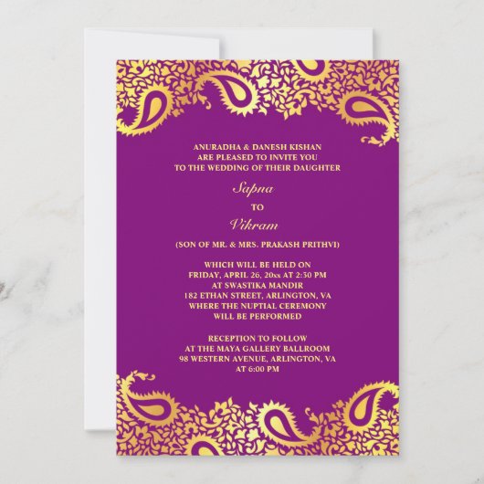 Invitation à plat Mariage indien Paisleys (Devant)