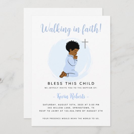 Invitation à prier Baptême garçon - Bleu (Devant / Derrière)