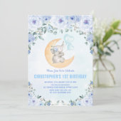 Invitation Ă?re fête d'anniversaire d'éléphant floral bleu (Debout devant)