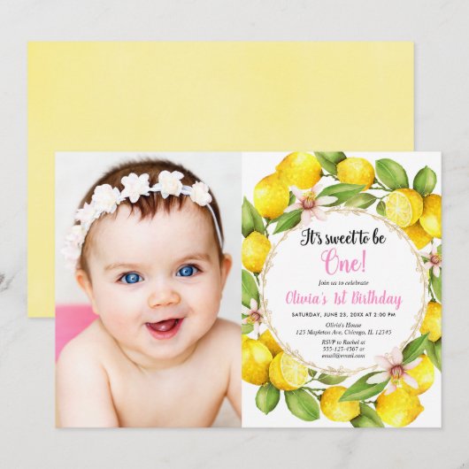 Invitation Ă?re photo de fille d'anniversaire de citron rose (Devant / Derrière)