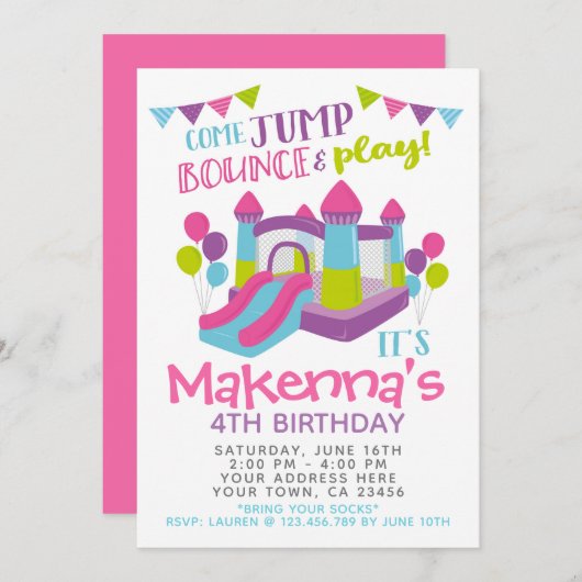 Invitation à sauter, Fille Trampoline fête d'anniv (Devant / Derrière)