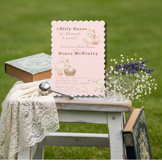 Invitation A Silly Goose is Almost Loose Pink Baby Shower
