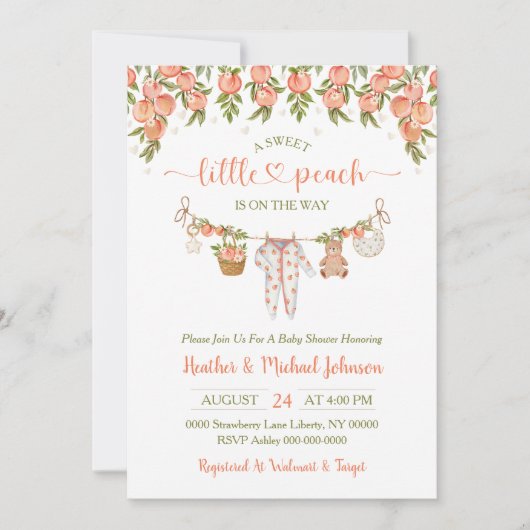 Invitation A Sweet Little Peach Clothesline Baby Shower (Devant)