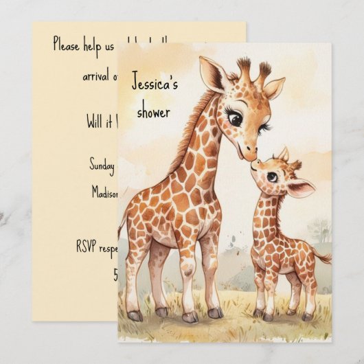 Invitation à télécharger numérique bébé girafe (Devant / Derrière)