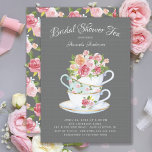 Invitation à thé Fête des mariées élégant<br><div class="desc">tasses à thé vintages en porcelaine avec de jolies fleurs roses disposées sur un arrière - plan en lin gris pour une soirée thé nuptiale.</div>