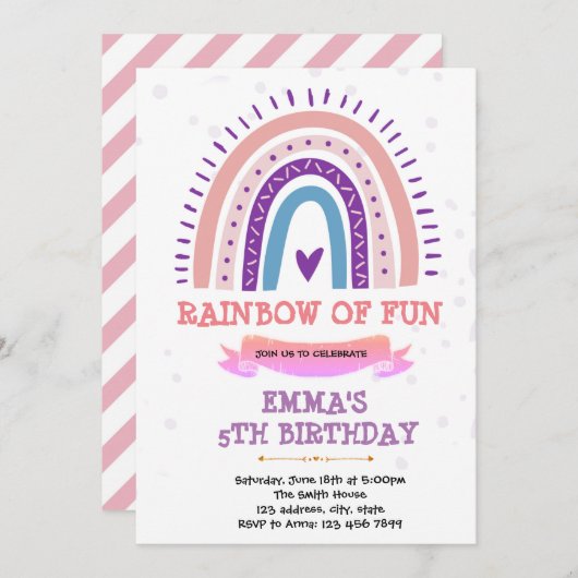 Invitation à thème Boho violet arc-en-ciel (Devant / Derrière)