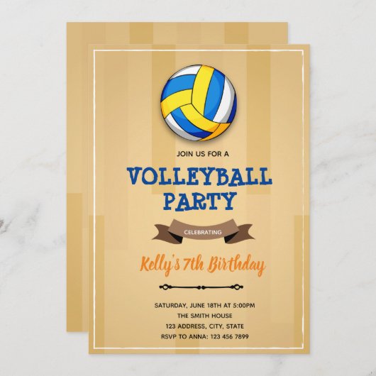 Invitation à thème d'anniversaire de volley-ball (Devant / Derrière)