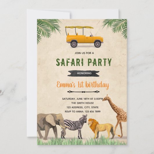 Invitation à thème d'anniversaire Safari jeep (Devant)