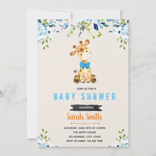 Invitation à thème de girafe de fleurs bleues (Devant)
