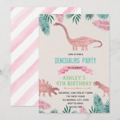 Invitation à thème Dinosaure à feuilles roses (Devant / Derrière)