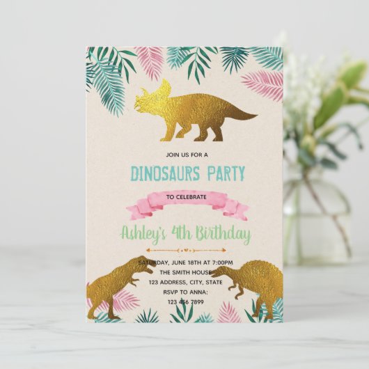 Invitation à thème dinosaure de feuille d'or (Debout devant)