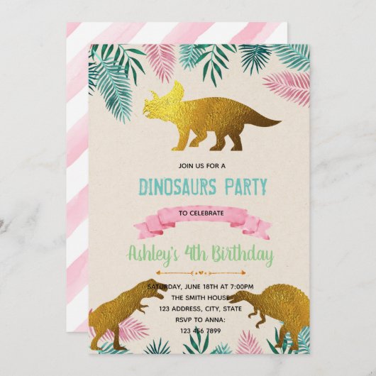 Invitation à thème dinosaure de feuille d'or (Devant / Derrière)