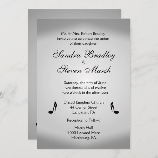 Invitation à thème du Mariage de musique argent (Devant / Derrière)