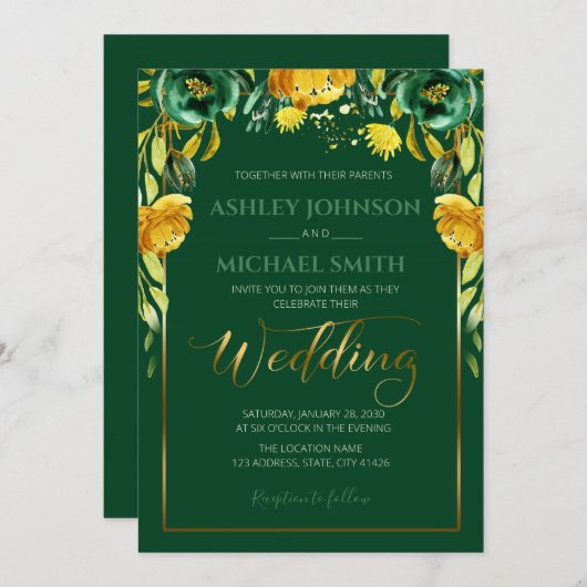 Invitation à thème mariage émeraude et moutarde (Devant / Derrière)