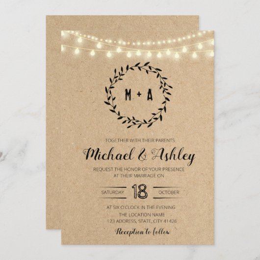 Invitation à thème mariage rustique kraft (Devant / Derrière)