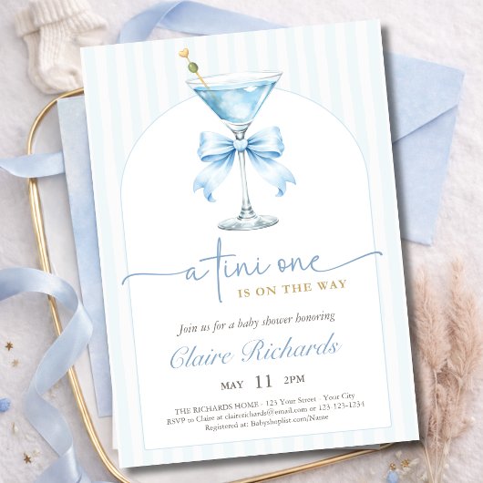 Invitation A Tini One Blue Bow Stripes Boy Baby Shower Arched