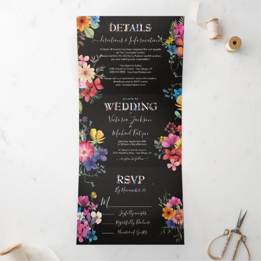 Invitation à trois volets Mariage à fleurs pressée (Intérieur)