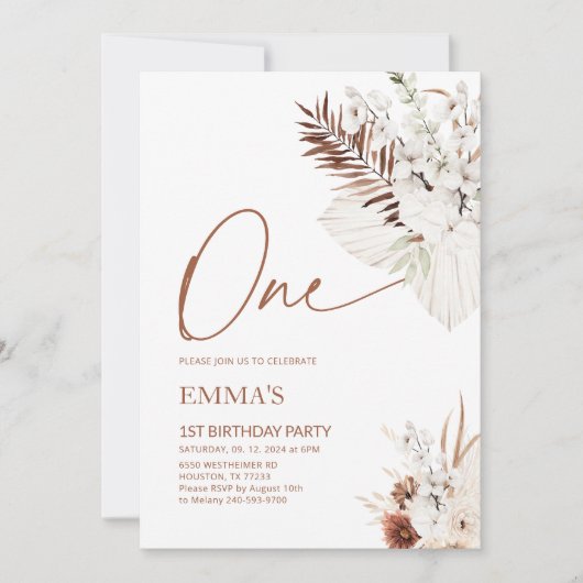 Invitation à un 1er anniversaire Boho Pampas (Devant)