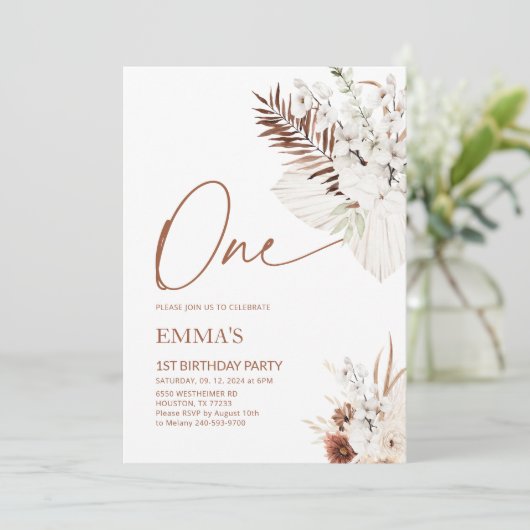 Invitation à un 1er anniversaire Boho Pampas (Debout devant)