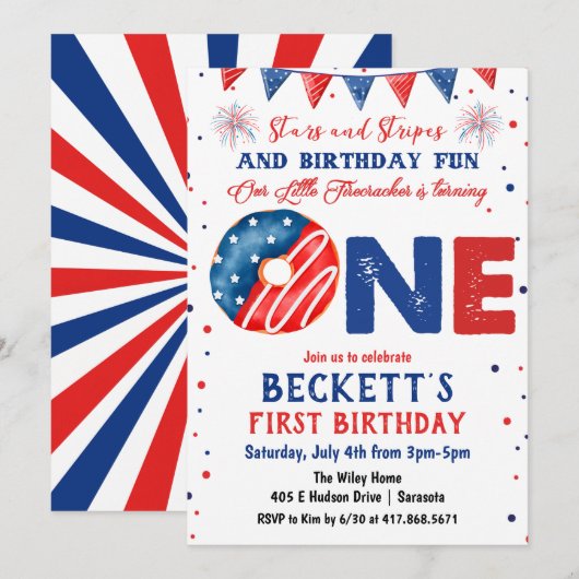 Invitation à un 1er anniversaire le 4 juillet (Devant / Derrière)