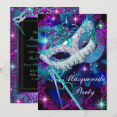 Invitation à un bal masqué sarcelle et violet (Devant / Derrière)