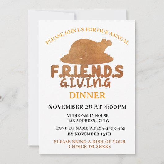 Invitation à un dîner de Friendsgiving avec dinde (Devant)