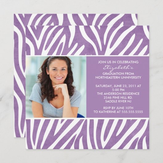 Invitation à un diplôme avec photo Zebra violet (Devant / Derrière)