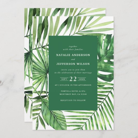 Invitation à un mariage avec une feuille tropicale (Devant / Derrière)