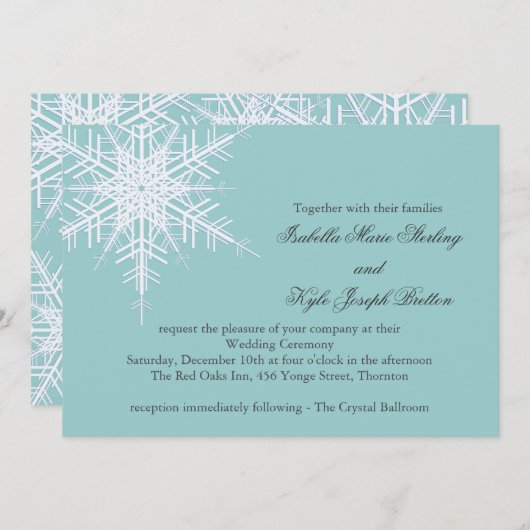 Invitation à un mariage blanc/turquoise de flocon  (Devant / Derrière)
